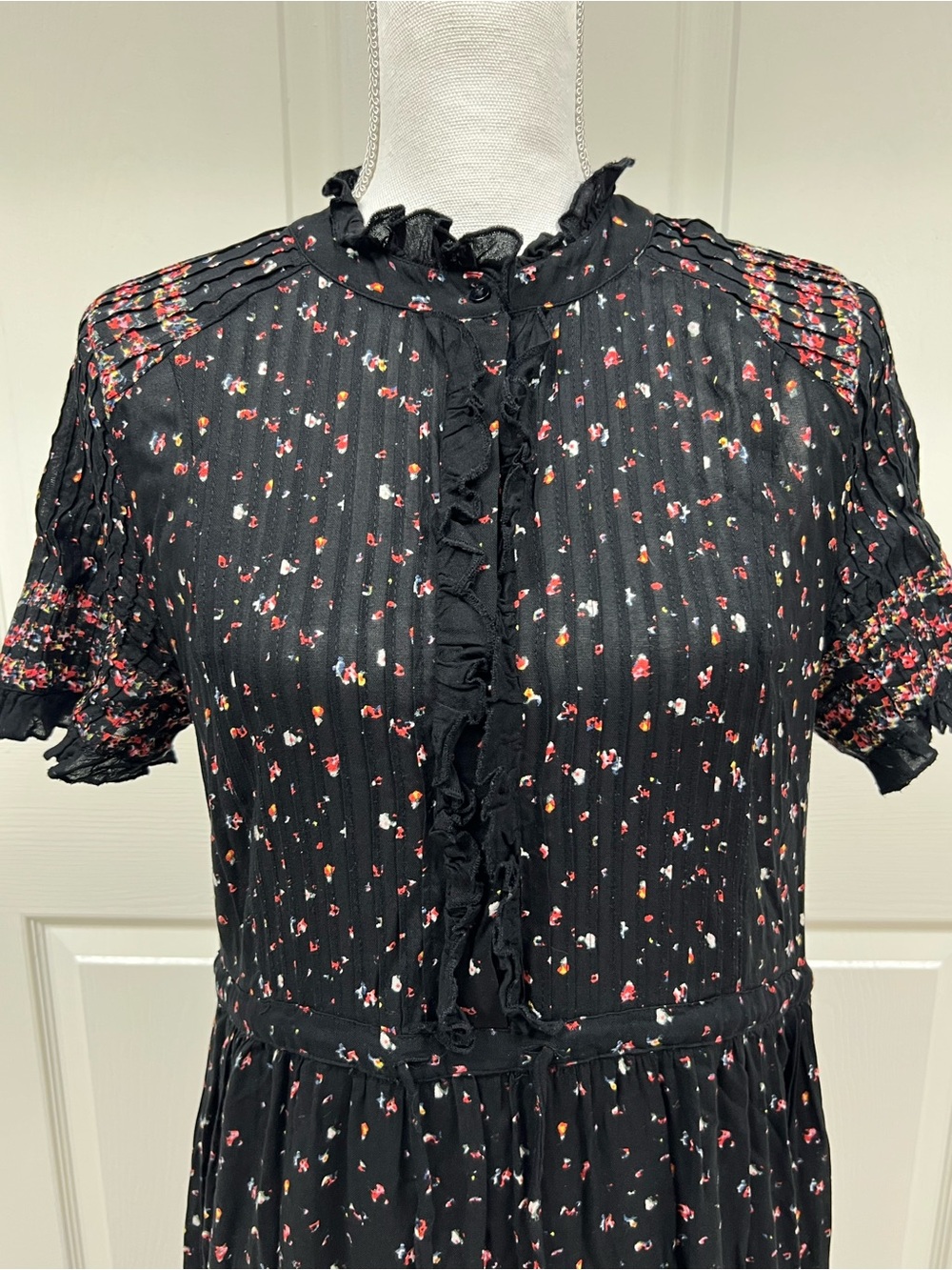 Free People Rare Feelings Black Floral Print Tiered Pleated Maxi Dress Size L - Picture 8 of 14